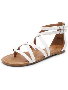 Women's Gladiator Sandals Strappy White Flat Sandals Back Zipper Thong Sandals